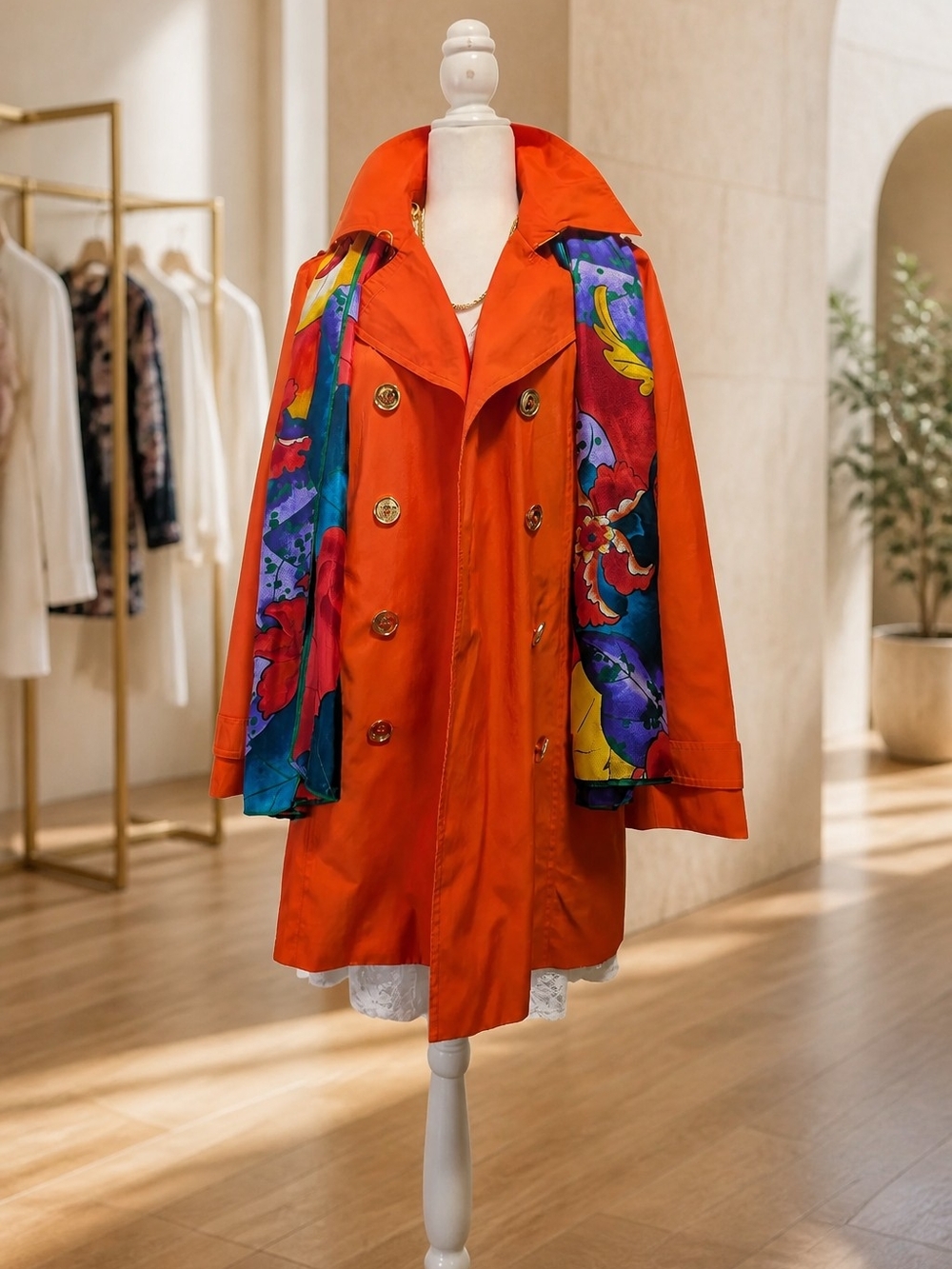Michael Kors Orange Trench Coat with Multicolor Floral Scarf
